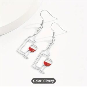Earrings, NWT, Silvertone, Drop Wine Bottle/Glass, So Cute, Lightweight